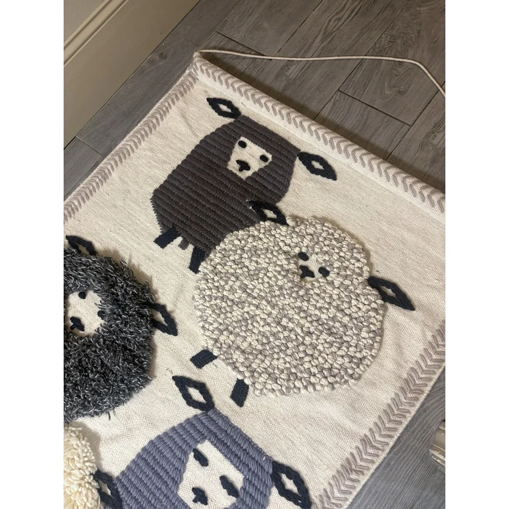 POTTERY BARN KIDS NURSERY WALL HANGING TEXTURED SHEEP WHITE BLACK WOOL/COTTON